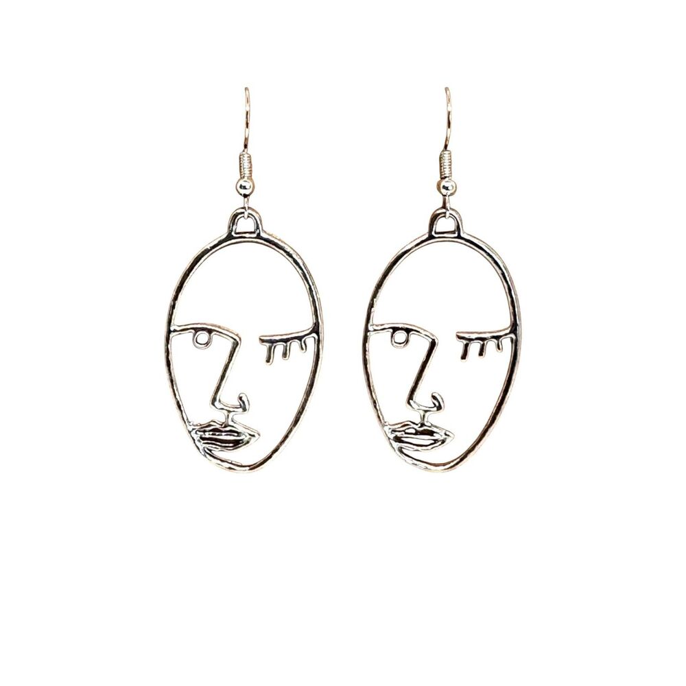 Silver Metal Woman Face Earrings #2045